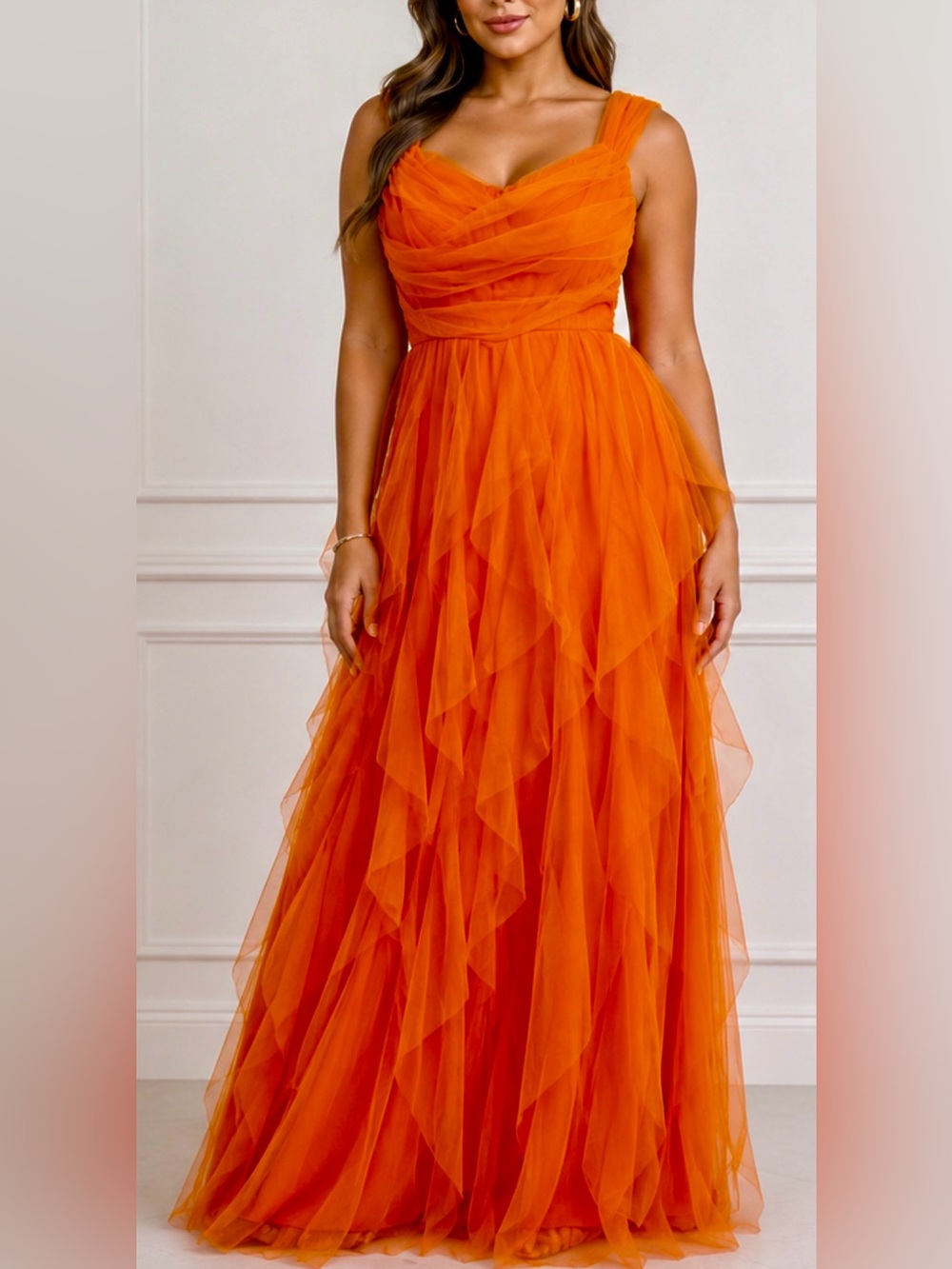 Elegant Orange Ruffle Tulle Evening Dress With Scarf. Size  M (New without Tag)